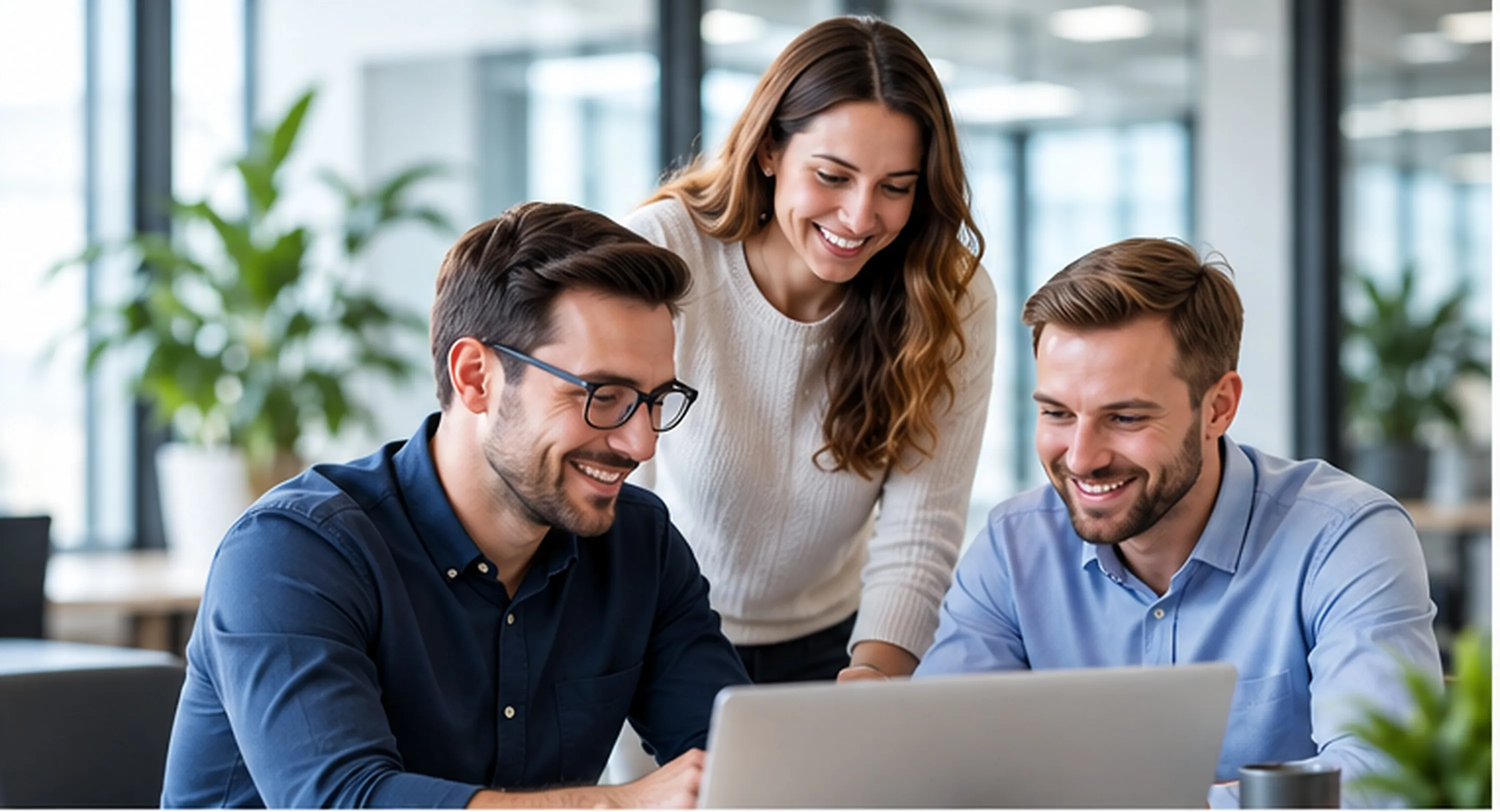 A team working together around a laptop