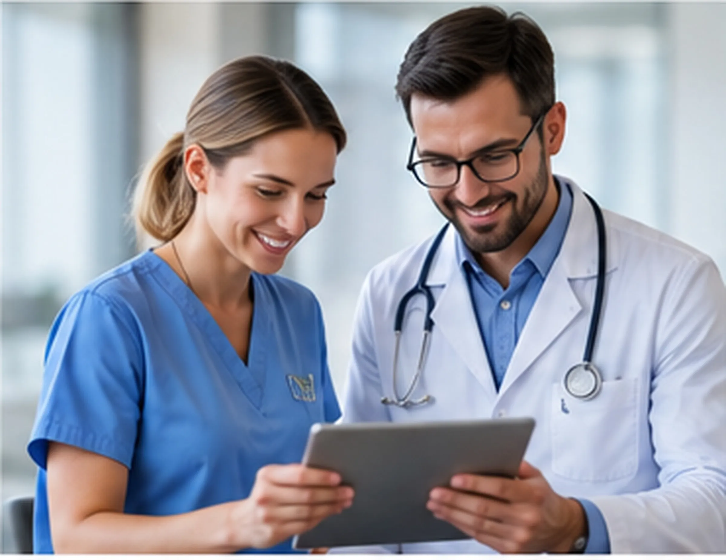 A healthcare team reviewing information on a tablet